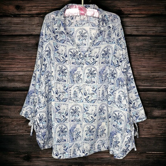 C&C California 100% Linen Blouse 2X Blue White Tile Beach Coastal Key West Tunic - Picture 7 of 10